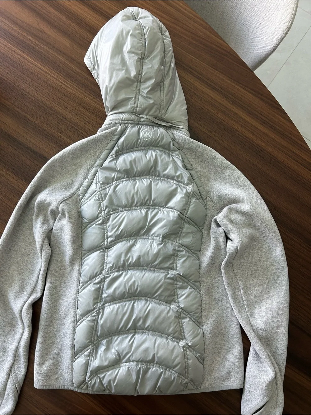Michael Kors Light Gray Quilted Hooded Jacket with Coral Trim